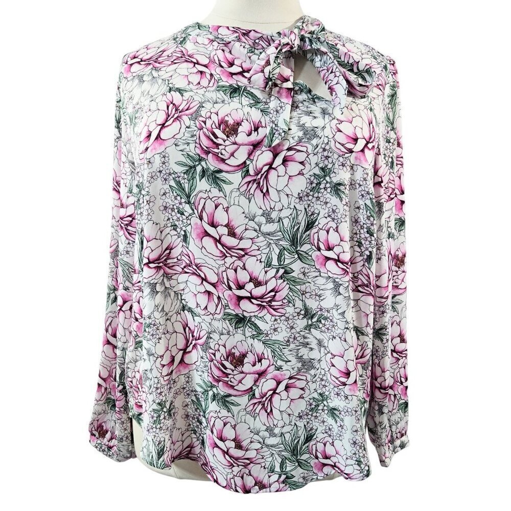 Torrid White Floral Line Art Georgette Bow Tie Blouse Romantic Feminine
